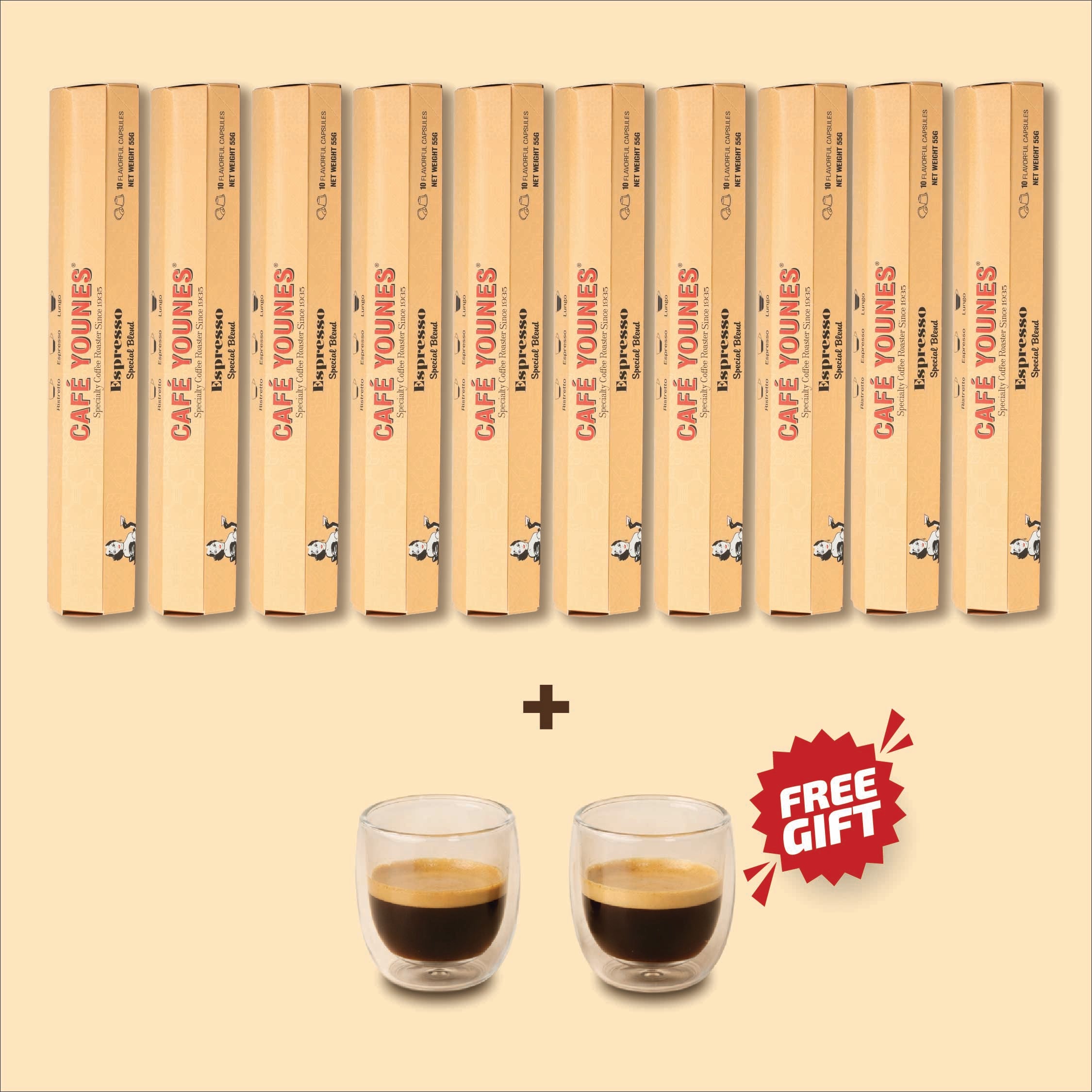 Cafe Younes anniversary espresso capsules bundle with free double glass cups